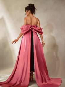 Cheriluna Maternity Women's Glittering Pink Sheer Strapless Bow Ruffle Trailing Maternity Photoshoot Dress, Glitter Sequin Dress/Elegant Dresses For Party/Black Dress/Christmas Party Dress - Black - View 2