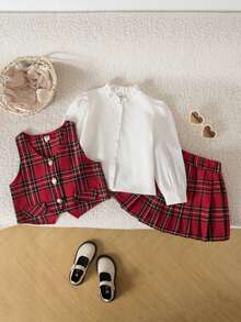 Emery Rose Kids 3 件套年轻女孩优雅金色纽扣背心、荷叶边领衬衫和百褶裙格子套装，适合秋冬季、派对、日常穿着、圣诞节、学校、姐妹装 - 紅白色 - 查看 2