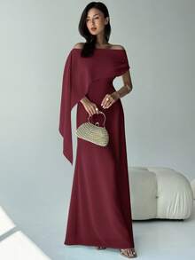 Aloruh New Off Shoulder Boat Neck Slim Fit Flowy Dress With Tie Detail, Versatile For Birthday, Party, Cocktail, Green Color,Dresses For Women Elegant,New Year Dress ,Elegant Party Dresses