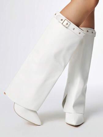 Grunge Punk Botas de tacón alto para mujer, versátiles y elegantes con punta puntiaguda, de moda, con tacón grueso de PU, para otoño/invierno