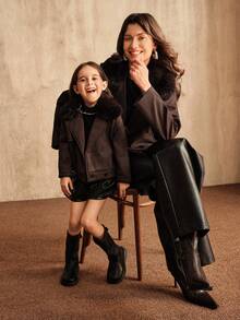 SHEIN 女童超大翻领长袖外套，采用柔软亲肤面料制成，搭配简单，适合日常聚会、上学、游玩、购物、度假等。 - 鏽棕色 - 查看 3