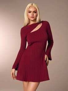 Avantive Women's Elegant Commuter Solid Color Hollow Out Flare Sleeve Knit Dress
