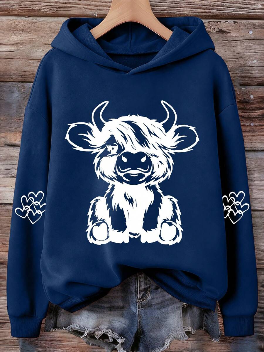 INAWLY Women's Cartoon Ox Print Drawstring Hooded Casual Sweatshirt, Fall/Winter,Long Sleeve Tops Pullover - Navy Blue - View 1