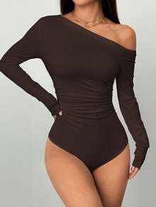 SHEIN Unity 秋季女士黑色斜肩褶饰腰部修身长袖休闲紧身衣