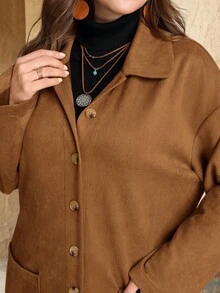 EMERY ROSE 大码乡村风女式灯芯绒双口袋纽扣门襟中长外套，秋冬女装，舒适保暖，乡村风格，适合乡村音乐会等场合，新年外出，2025新款，简约时尚，日常穿着，大码冬季，圣诞节，新年，约会之夜，棕色外套 - 棕色 - 查看 6
