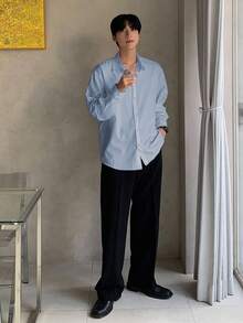 DAZY 男士休闲通勤衬衫，纯色落肩长袖前开襟纽扣衬衫，春秋季 - 淺藍色 - 查看 2