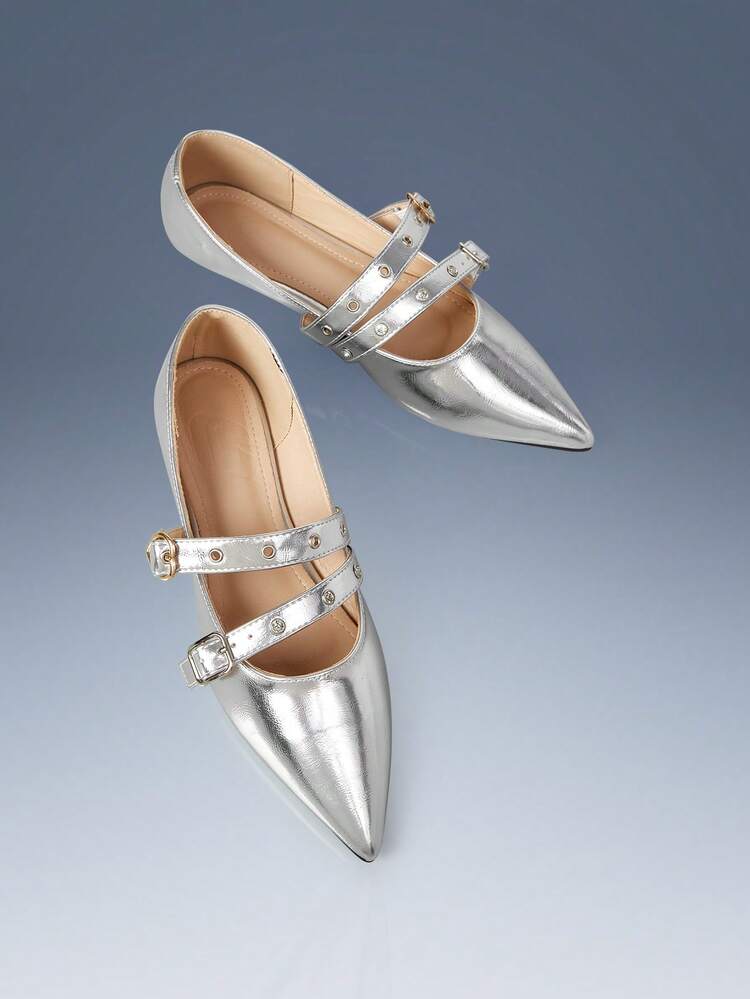 CUCCOO GRLICON Women's Pointed Toe Mary Jane Flats With Rhinestone Buckle Strap, Retro French Style Low Heel Shoes, Suitable For Music Festivals, Halloween, Christmas, Party, Y2K Outfits