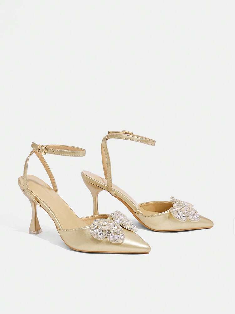 CUCCOO TILAWA Pointed Toe Backless Strap Rhinestone Bow Elegant Chic Versatile Stiletto High Heels, Gold