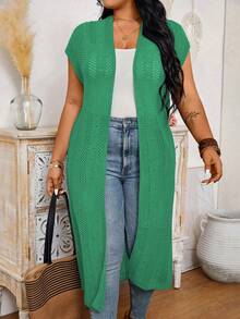 EMERY ROSE Plus Size Women Solid Color Cap Sleeve Hollow Design Long Knitted Cardigan - Green - View 4