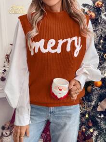 SHEIN LUNE Rompi Sweater Tanpa Lengan Warna Merah dengan Bordir Huruf untuk Wanita, Cocok untuk Pakaian Tahun Baru. - Jeruk - View 4