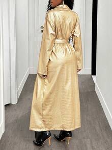 BamGleam Women's Solid Color Lapel NeckLong Sleeve Long Belted Trench Coat, Autumn - Gold - View 2