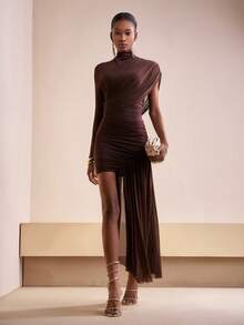 Zivah 2025 Autumn/Winter New Year, Valentine's Day, Party, Banquet, Date, Birthday Party, College Style, Student Wear, Daily Casual, Basic Versatile, Casual, Cruise Travel, Viral Hit, Elegant, Commute, Business Casual, Minimalist, Asymmetric Collar, Long Sleeve, Shoulder Splice, Ruched Mesh, Waist Cinched, Hem Mesh Sash, Brown Mini Dress, Party Dress, Women's Dress - Brown - View 7