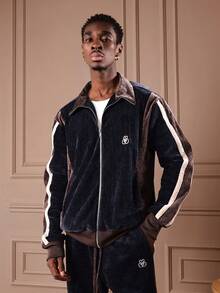 SUMWON Velour Zip Up Track Jacket With Color Blocking Stripes Hood Casual Streetwear Plain - Navy Blue - View 2