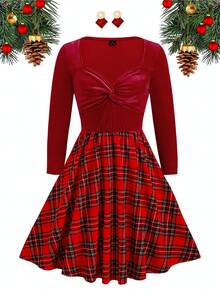 Ellevyn New Year Clothes,Plus Size Women Red Plaid Patchwork Velvet Twist Knot Short Dress Fall/Winter Christmas New Year Thanksgiving Party Elegant