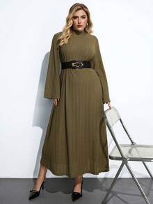 Maija Plus Size Textured Olive Green,Autumn Elegant Tea Party Dress,Long Sleeve Flare Sleeve Belted,Comfortable Outfit For Wedding Party Graduation - Army Green - View 6