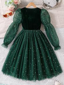 SHEIN Robe de soirée élégante pour filles en velours avec manches en maille contrastée, col rond, manches longues et ourlet pailleté. Convient pour les sorties, les rassemblements et les banquets - Vert sapin - Voir 2