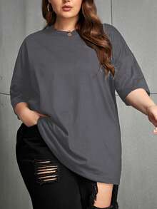 INAWLY 大码女式纯色落肩休闲宽松圆领 T 恤 - 深灰色 - 查看 6