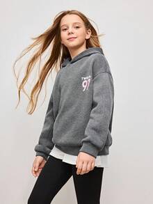 少女极简印花圆领长袖卫衣和裤子套装 - 深灰色 - 查看 7