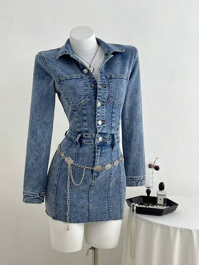 Elamini 女式蓝色长袖牛仔弹力迷你连衣裙