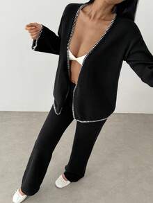 FavEase Set de 2 piezas de mujer con cardigan holgado de contraste y pantalones de punto - Blanco y Negro - Ver 1