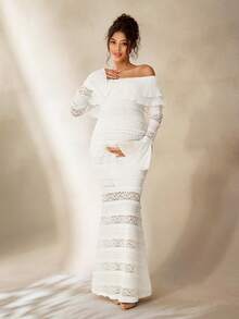 Cheriluna Maternity 优雅孕妇蕾丝荷叶边纯色针织长袖修身连衣裙，适合秋冬派对和圣诞节 - 白色 - 查看 1