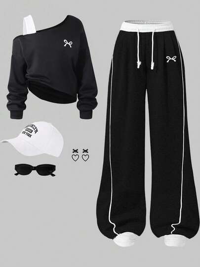 Sparklyn 2pcs Girls Bow Shoulder Strap Outfit, Embroidery Patchwork Top, Suitable For Autumn