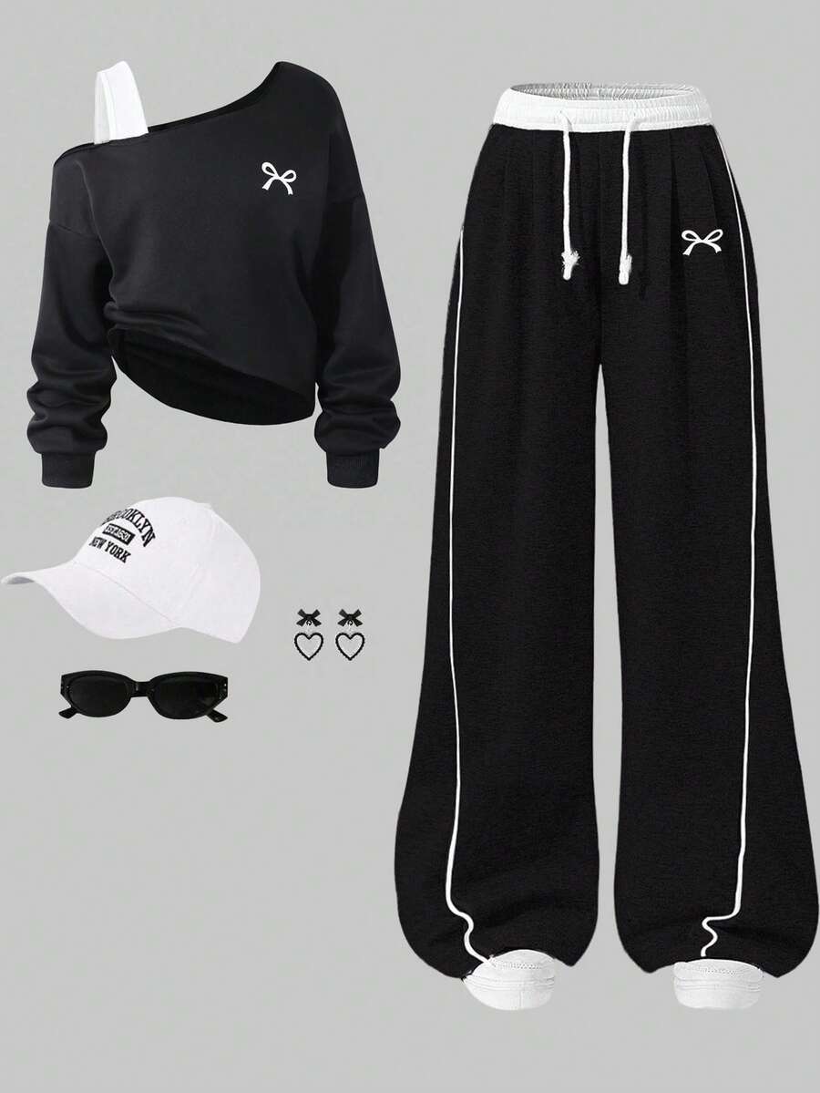 Sparklyn 2pcs Girls Bow Shoulder Strap Outfit, Embroidery Patchwork Top, Suitable For Autumn - Black - View 1