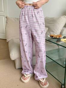 DAZY 女式格子花卉印花宽松睡裤，秋季 - 粉色 - 查看 7