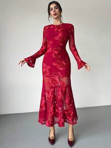 Firerie 女士勃艮第提花连衣裙 - 酒紅色 - 查看 5