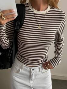 Livesso Women's Autumn Fitted Crew Neck Striped T-Shirt Long Sleeve Women - Coffee Brown - View 6