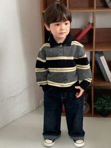 DAZY Baby Boy Striped Polo Neck Long Sleeve Casual Sweater, Autumn/Winter - Grey - View 4