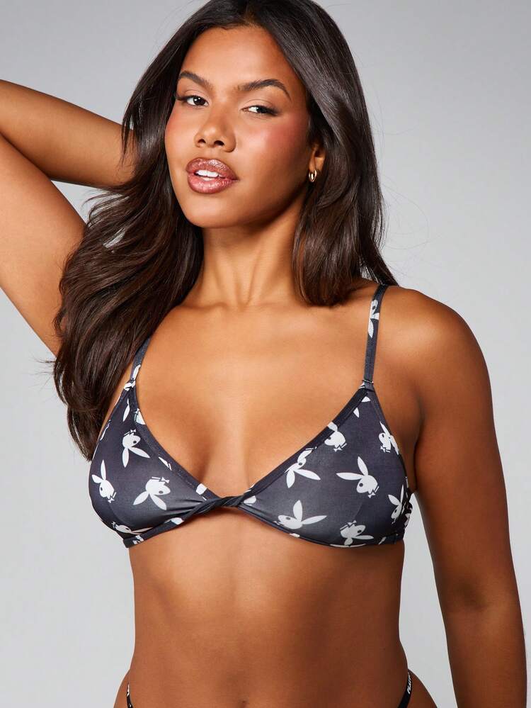 Missguided x Playboy Bunny Print Triangle Bralette Soft Cup Wireless Intimate Lingerie