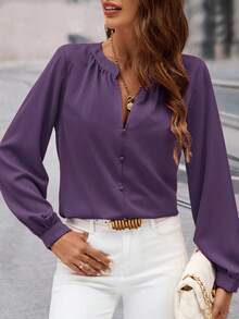 Editum Blusa de manga larga con cuello en V y pliegues, versátil y de moda, adecuada para ir al trabajo y uso casual, otoño/invierno - Morado - Ver 6