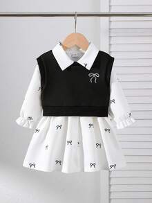 Genkimix Kids 2 件套幼儿女童时尚蝴蝶结刺绣背心 + 蝴蝶结印花长袖衬衫裙，适合日常、休闲、学校、春秋季 - 黑與白 - 查看 1