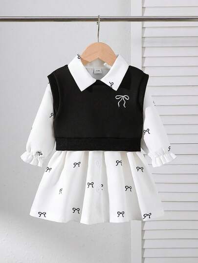Genkimix Kids 2 件套幼儿女童时尚蝴蝶结刺绣背心 + 蝴蝶结印花长袖衬衫裙，适合日常、休闲、学校、春秋季