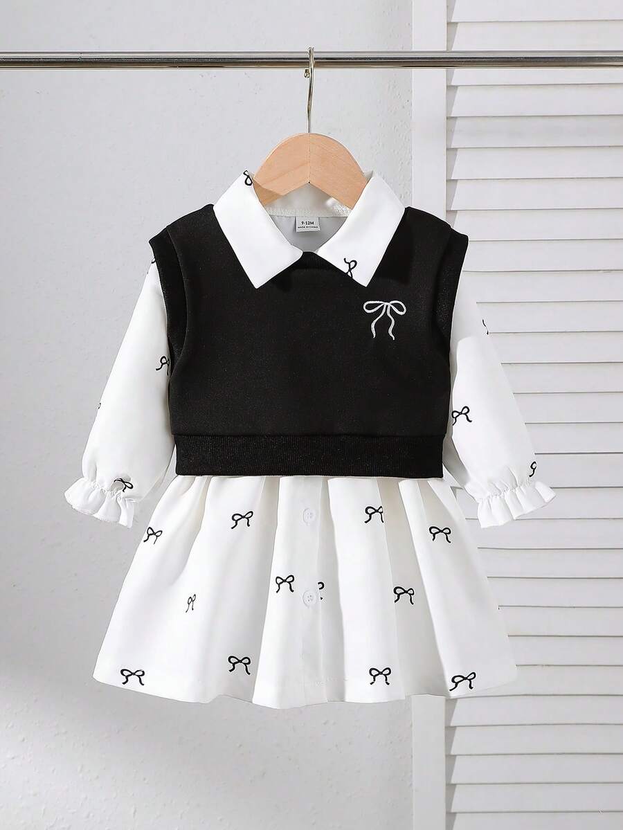Genkimix Kids 2 件套幼儿女童时尚蝴蝶结刺绣背心 + 蝴蝶结印花长袖衬衫裙，适合日常、休闲、学校、春秋季 - 黑與白 - 查看 1