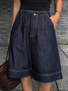 DAZY 女士常规中腰宽松都市休闲牛仔短裤 Y2k - 深色水洗藍 - 查看 4