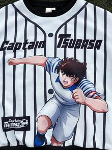 Captain Tsubasa X SHEIN Tween Boys' Cool Sports Football Graphic Striped Contrast Color Patchwork Number Oversized Drop Shoulder Sweatshirt Y2k Sweat Shirts Kids Baseball Clothes Kids