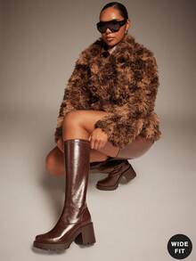 SHUZIA Giày bốt cao đến đầu gối đế dày, chất liệu co giãn thoải mái, kiểu ống rộng dành cho nữ - màu nâu - Xem 1