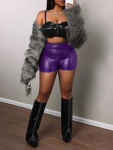 Slaydiva Quần short da giả xếp ly cạp cao thanh lịch dành cho nữ dự tiệc - Màu tím - Xem 6