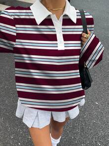 SHEIN EZwear 休闲简约学院风拼色条纹全身印花女式半拉链 Polo 领长袖宽松 T 恤，适合秋冬季、复古/怀旧、性感、可爱、Y2K、椰子女孩、波西米亚风、嬉皮士、音乐节 - 彩色 - 查看 6