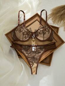 2pcs Women's Adjustable Strap Bra Set With Heart-Shaped Underwire Boobless Lingerie Set Butterfly Lingerie Set Custom Lingerie Set Brown Lingerie Brown Lace Bra - Coffee Brown - View 3