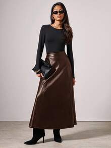 COSMINA 女士优雅长款PU裙，秋冬时尚 - 棕色 - 查看 2