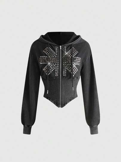 Grunge Punk Sudadera con capucha corta con estampado de la bandera del Reino Unido y tachuelas, estilo punk retro para mujer