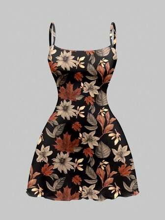 Fairycore Herbstblatt- & Blume Muster, sexy Trägerkleid mit tiefem Ausschnitt und Mini-Länge für Damen, Herbst/Winter
