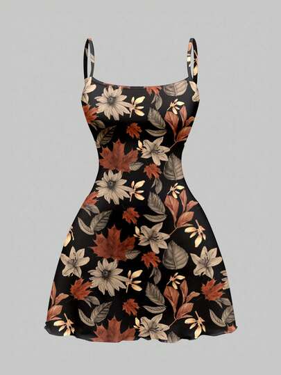 Fairycore Abito mini con scollo a V e spalline sottili, con stampa di foglie e fiori autunnali, adatto per l'autunno/inverno