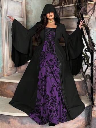 Lyrianda Plus Size Women's Vintage Punk Gothic Colorblock Flare Sleeve Hooded Printed Dress, Suitable For Parties, Halloween, Autumn/Winter