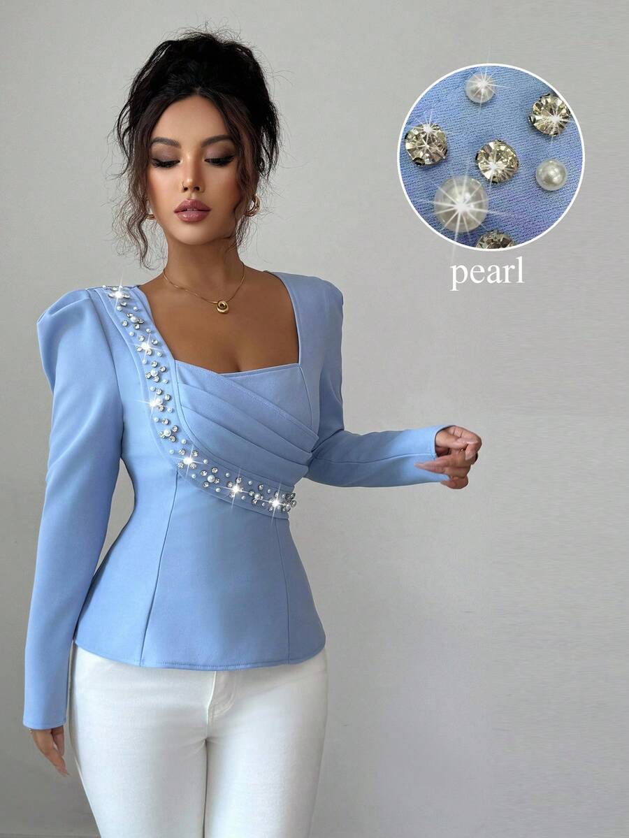 Elenzga 女士优雅浪漫珍珠装饰领腰修身长袖衬衫 - 霧霾藍 - 查看 1