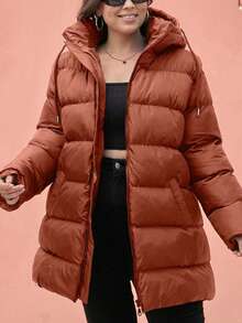 EURMUSE Plus Size Zip Up Drawstring Hooded Padded Coat - Brown - View 5