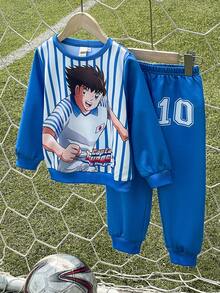 Captain Tsubasa X SHEIN 2pcs/Set Young Boy Sports Casual Figure Graphic Crew Neck Long Sleeve Sweatshirt And Pants Knit Suit, Blue - Blue - View 1
